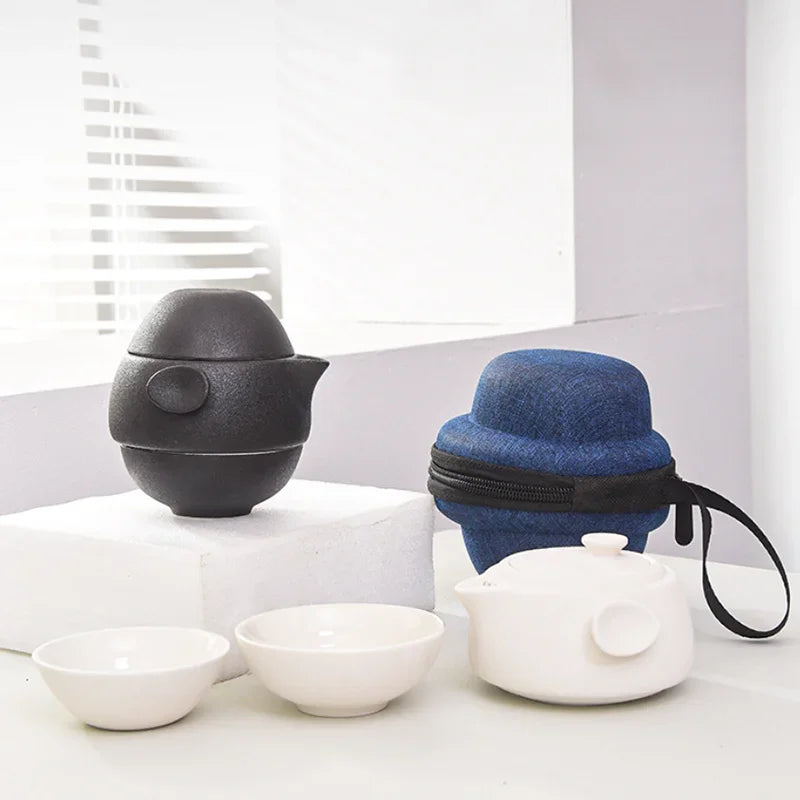 Portable Black Ceramic Tea Set for One Teacup with 2 Cups Travel Tea Set with Travel Bag Teaware Gift