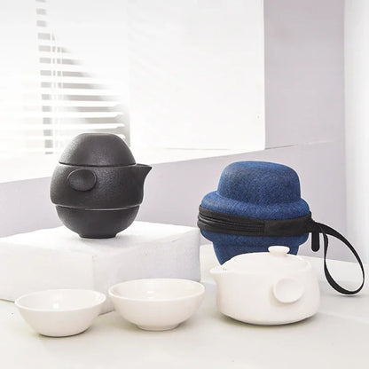 Portable Black Ceramic Tea Set for One Teacup with 2 Cups Travel Tea Set with Travel Bag Teaware Gift