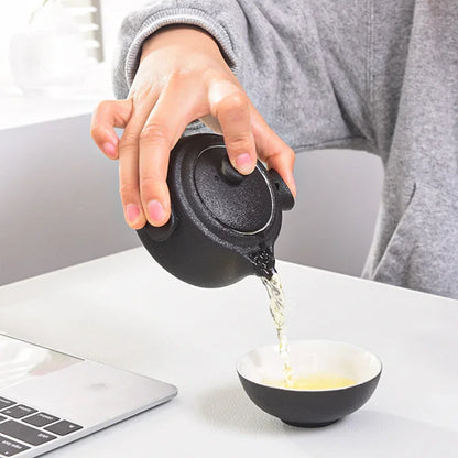 Portable Black Ceramic Tea Set for One Teacup with 2 Cups Travel Tea Set with Travel Bag Teaware Gift