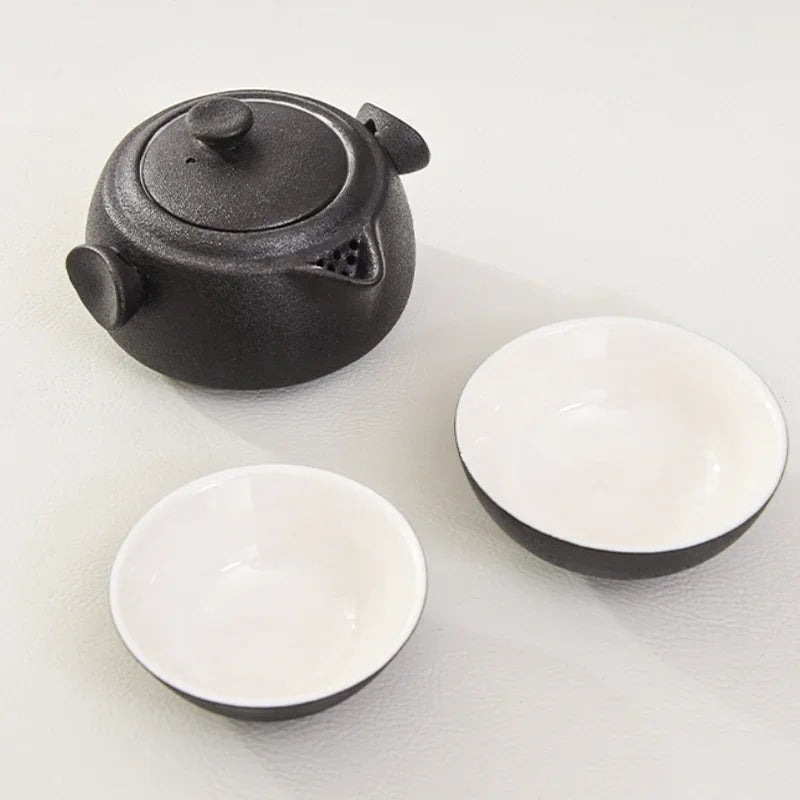 Portable Black Ceramic Tea Set for One Teacup with 2 Cups Travel Tea Set with Travel Bag Teaware Gift