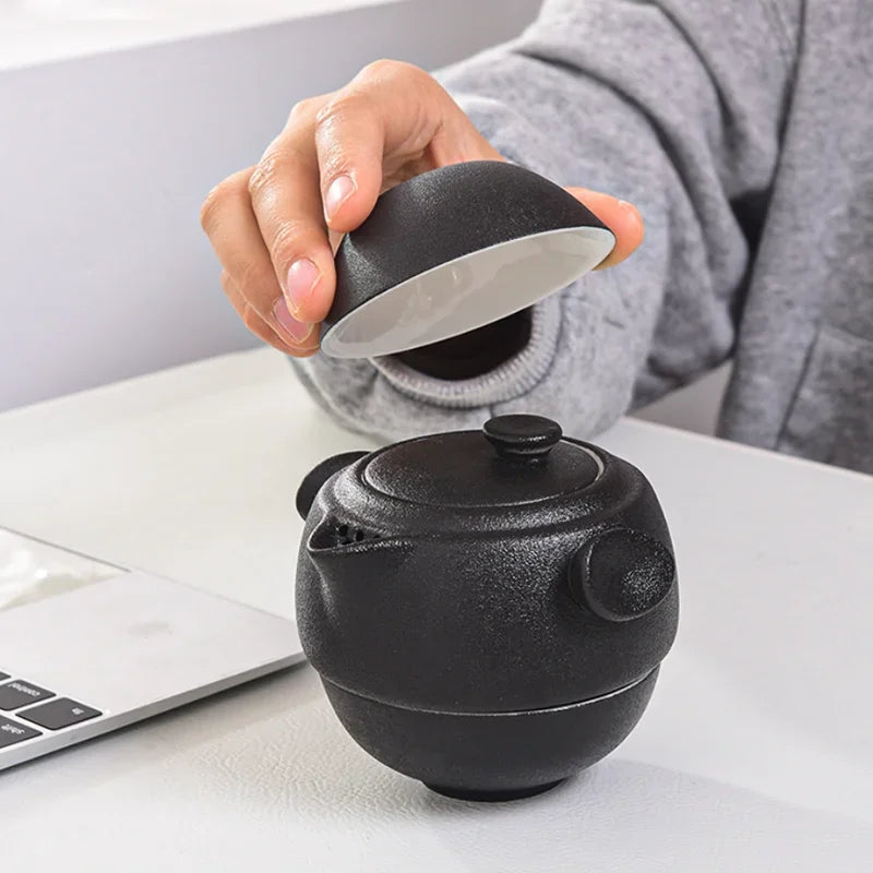 Portable Black Ceramic Tea Set for One Teacup with 2 Cups Travel Tea Set with Travel Bag Teaware Gift