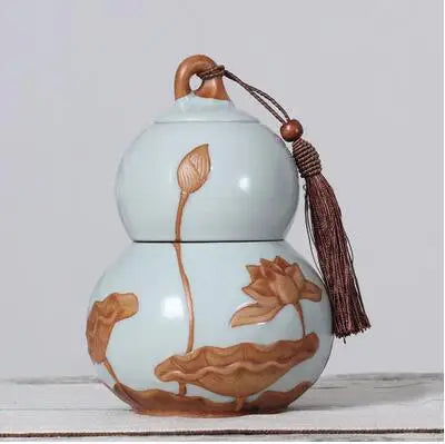 Portable Ceramic Double Layer Gourd Tea Caddy, Sealed Storage Tea Cans, Moisture-Proof, Purple Sand, Pu'er Ge Kiln