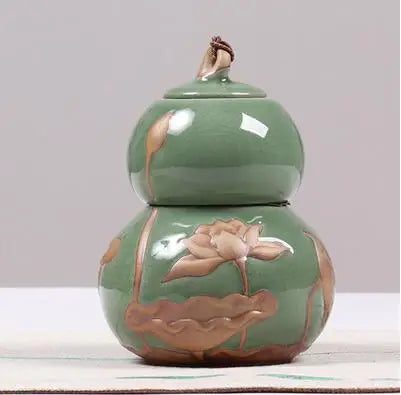 Portable Ceramic Double Layer Gourd Tea Caddy, Sealed Storage Tea Cans, Moisture-Proof, Purple Sand, Pu'er Ge Kiln