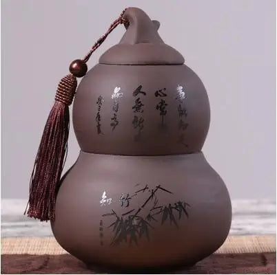 Portable Ceramic Double Layer Gourd Tea Caddy, Sealed Storage Tea Cans, Moisture-Proof, Purple Sand, Pu'er Ge Kiln
