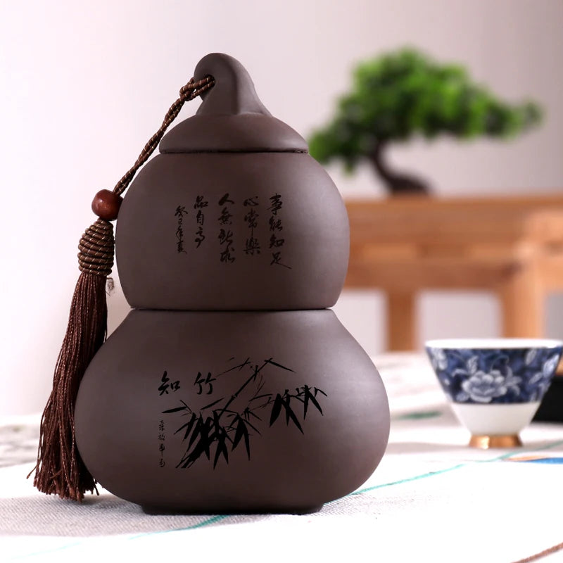 Portable Ceramic Double Layer Gourd Tea Caddy, Sealed Storage Tea Cans, Moisture-Proof, Purple Sand, Pu'er Ge Kiln