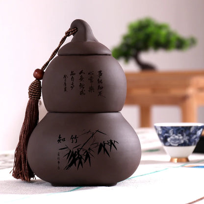 Portable Ceramic Double Layer Gourd Tea Caddy, Sealed Storage Tea Cans, Moisture-Proof, Purple Sand, Pu'er Ge Kiln