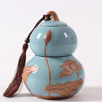 Portable Ceramic Double Layer Gourd Tea Caddy, Sealed Storage Tea Cans, Moisture-Proof, Purple Sand, Pu'er Ge Kiln