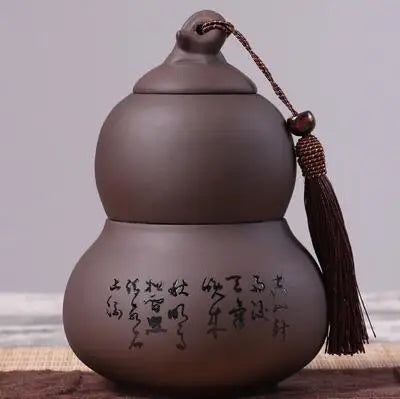 Portable Ceramic Double Layer Gourd Tea Caddy, Sealed Storage Tea Cans, Moisture-Proof, Purple Sand, Pu'er Ge Kiln