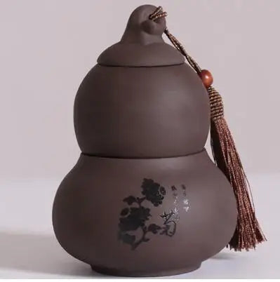 Portable Ceramic Double Layer Gourd Tea Caddy, Sealed Storage Tea Cans, Moisture-Proof, Purple Sand, Pu'er Ge Kiln