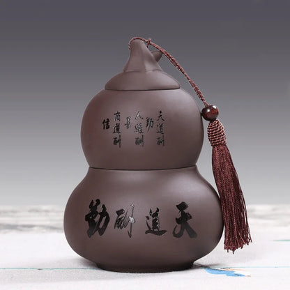 Portable Ceramic Double Layer Gourd Tea Caddy, Sealed Storage Tea Cans, Moisture-Proof, Purple Sand, Pu'er Ge Kiln