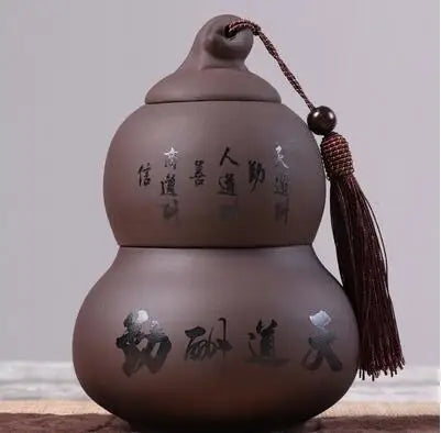 Portable Ceramic Double Layer Gourd Tea Caddy, Sealed Storage Tea Cans, Moisture-Proof, Purple Sand, Pu'er Ge Kiln