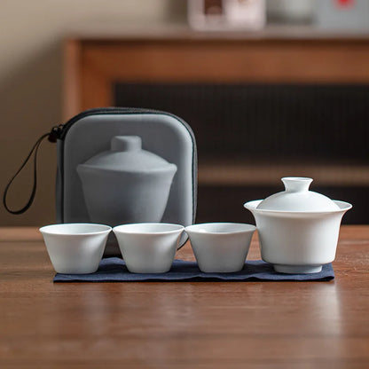 Portable Ceramic Gaiwan Teacup Set with Travel Kit Kung Fu Teaware Tea Tureen Outdoor Tea Cups Chinese Tea Bowl Cups