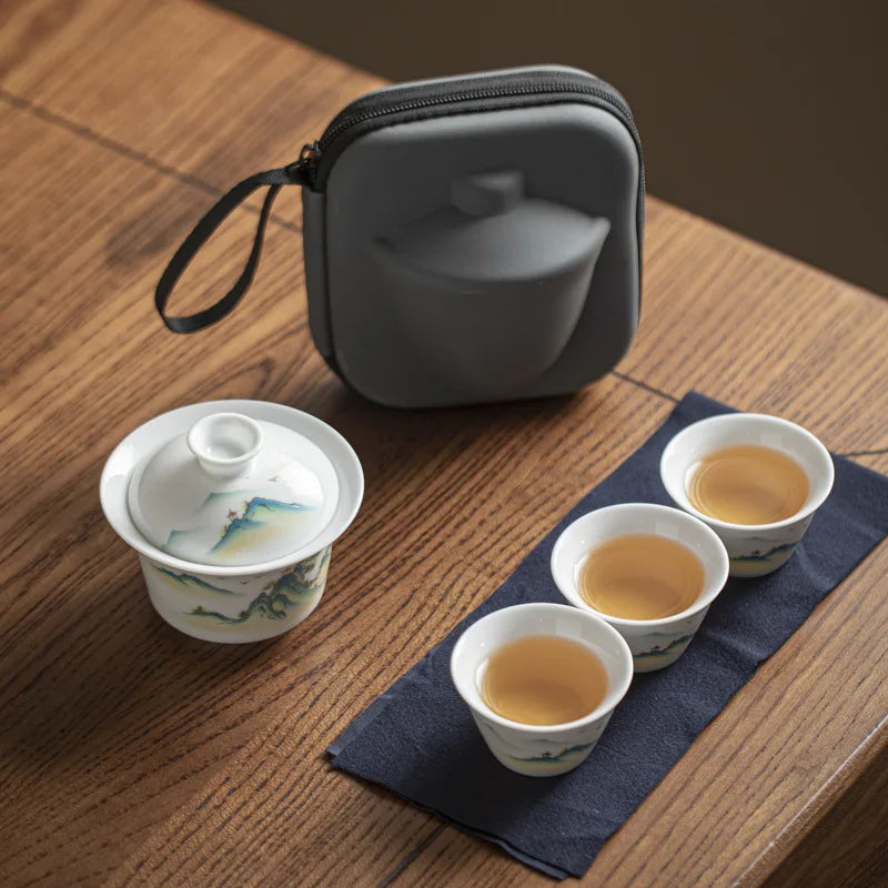 Portable Ceramic Gaiwan Teacup Set with Travel Kit Kung Fu Teaware Tea Tureen Outdoor Tea Cups Chinese Tea Bowl Cups