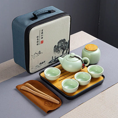 Portable Ceramic Xi Shi Pot Travel Kung Fu Tea Pot Real Estate Companion Gift Box Chinese Cup Set of 6 Celadon Tray Clay Caddy