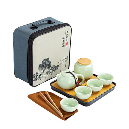 Portable Ceramic Xi Shi Pot Travel Kung Fu Tea Pot Real Estate Companion Gift Box Chinese Cup Set of 6 Celadon Tray Clay Caddy