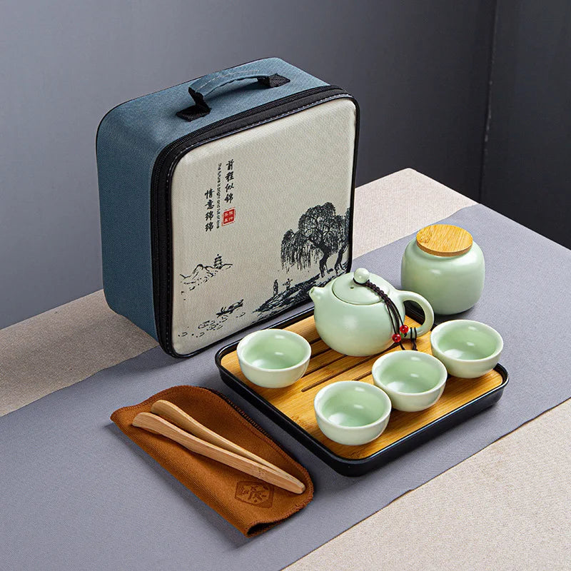 Portable Ceramic Xi Shi Pot Travel Kung Fu Tea Pot Real Estate Companion Gift Box Chinese Cup Set of 6 Celadon Tray Clay Caddy