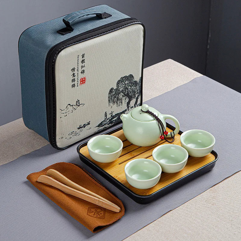 Portable Ceramic Xi Shi Pot Travel Kung Fu Tea Pot Real Estate Companion Gift Box Chinese Cup Set of 6 Celadon Tray Clay Caddy