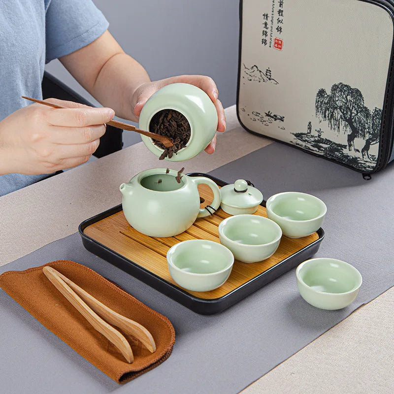 Portable Ceramic Xi Shi Pot Travel Kung Fu Tea Pot Real Estate Companion Gift Box Chinese Cup Set of 6 Celadon Tray Clay Caddy