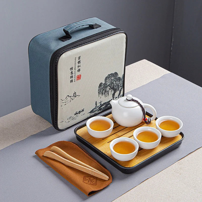 Portable Ceramic Xi Shi Pot Travel Kung Fu Tea Pot Real Estate Companion Gift Box Chinese Cup Set of 6 Celadon Tray Clay Caddy