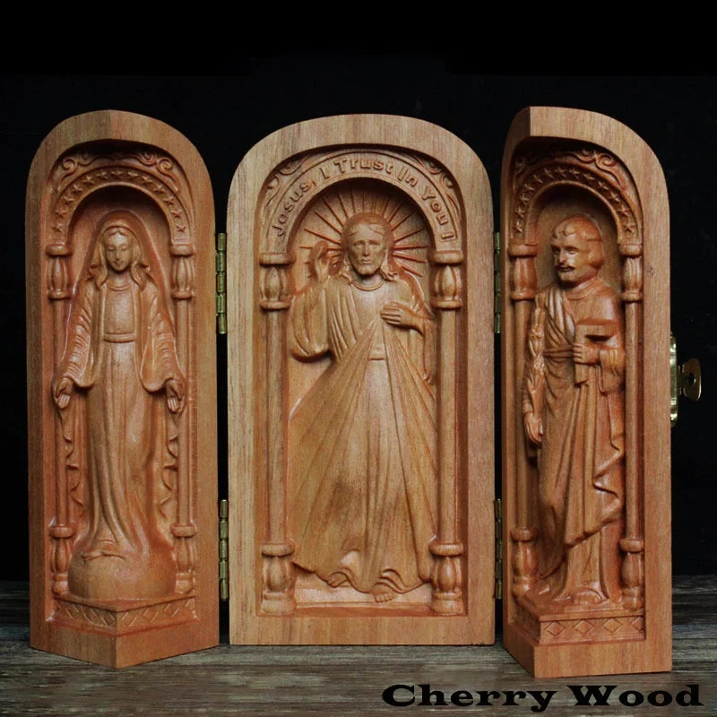 Portable Church Mini Christian Altar, Hand Carved, Religious Objects, Jesus Christ, Joseph, Virgin Mary Statue
