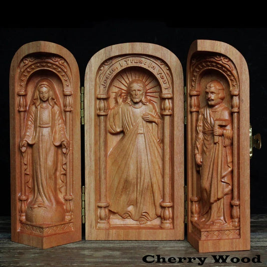 Portable Church Mini Christian Altar, Hand Carved, Religious Objects, Jesus Christ, Joseph, Virgin Mary Statue