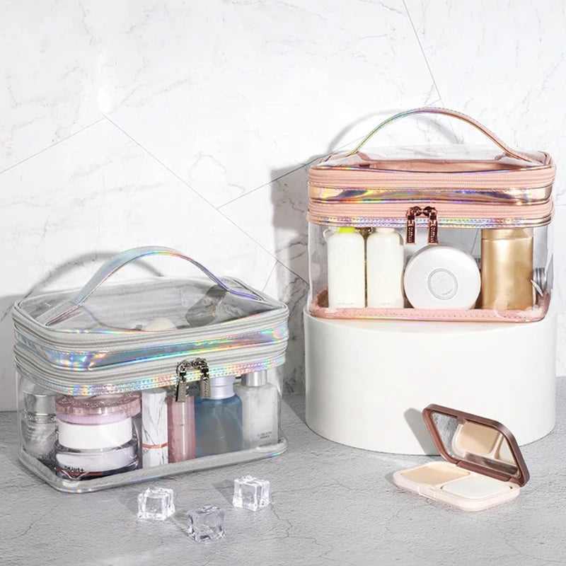 Portable Clear Makeup Bag 2 Layers Zipper Cosmetics Bags Transparent Travel Storage Pouch PVC Toiletry Organizers with Handle f