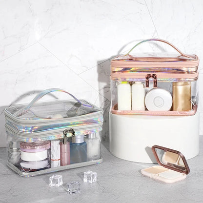 Portable Clear Makeup Bag 2 Layers Zipper Cosmetics Bags Transparent Travel Storage Pouch PVC Toiletry Organizers with Handle f
