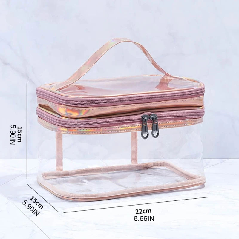 Portable Clear Makeup Bag 2 Layers Zipper Cosmetics Bags Transparent Travel Storage Pouch PVC Toiletry Organizers with Handle f
