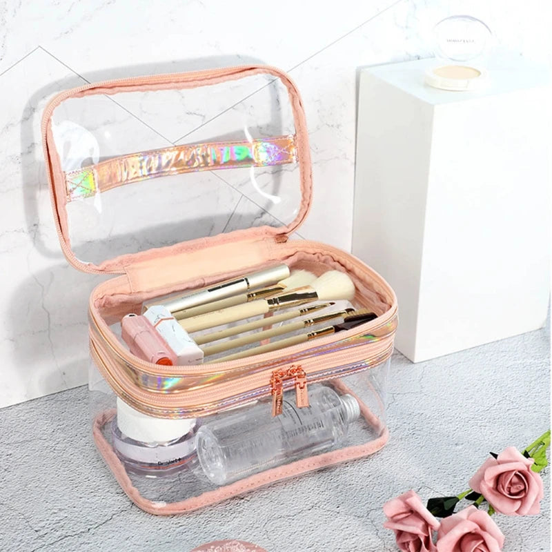 Portable Clear Makeup Bag 2 Layers Zipper Cosmetics Bags Transparent Travel Storage Pouch PVC Toiletry Organizers with Handle f