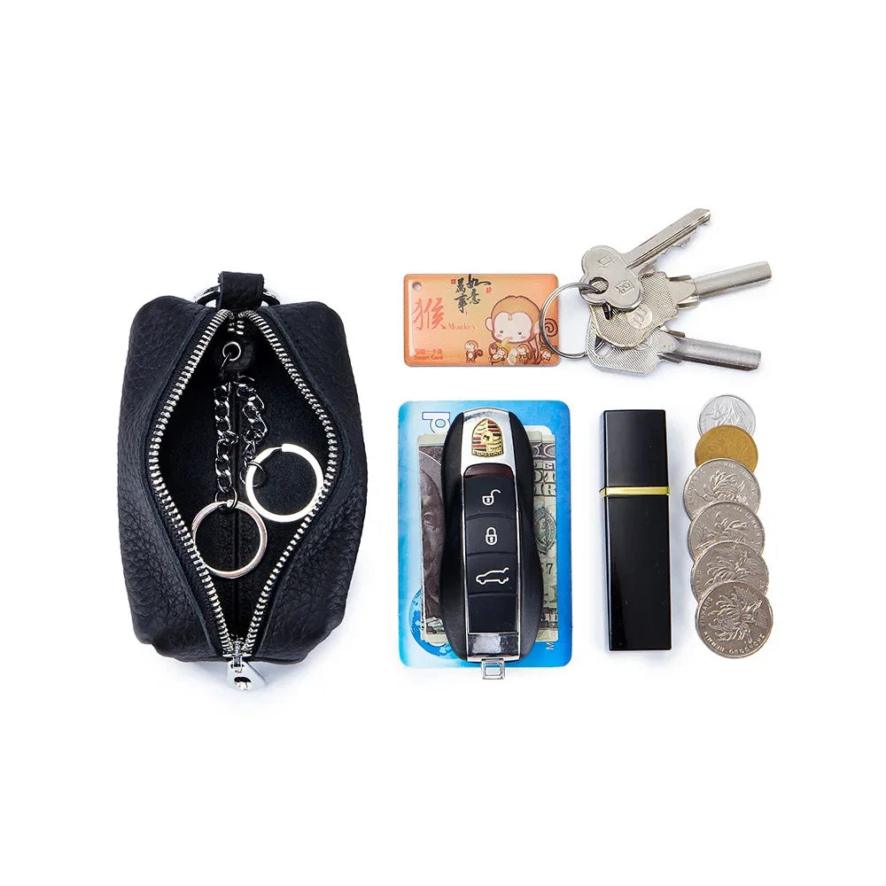 Portable Genuine Leather Car Holder Purse Zipper Coin Organizer chain Wallet Women Men Mini Key Cover Change Bag