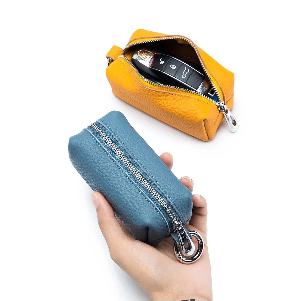 Portable Genuine Leather Car Holder Purse Zipper Coin Organizer chain Wallet Women Men Mini Key Cover Change Bag