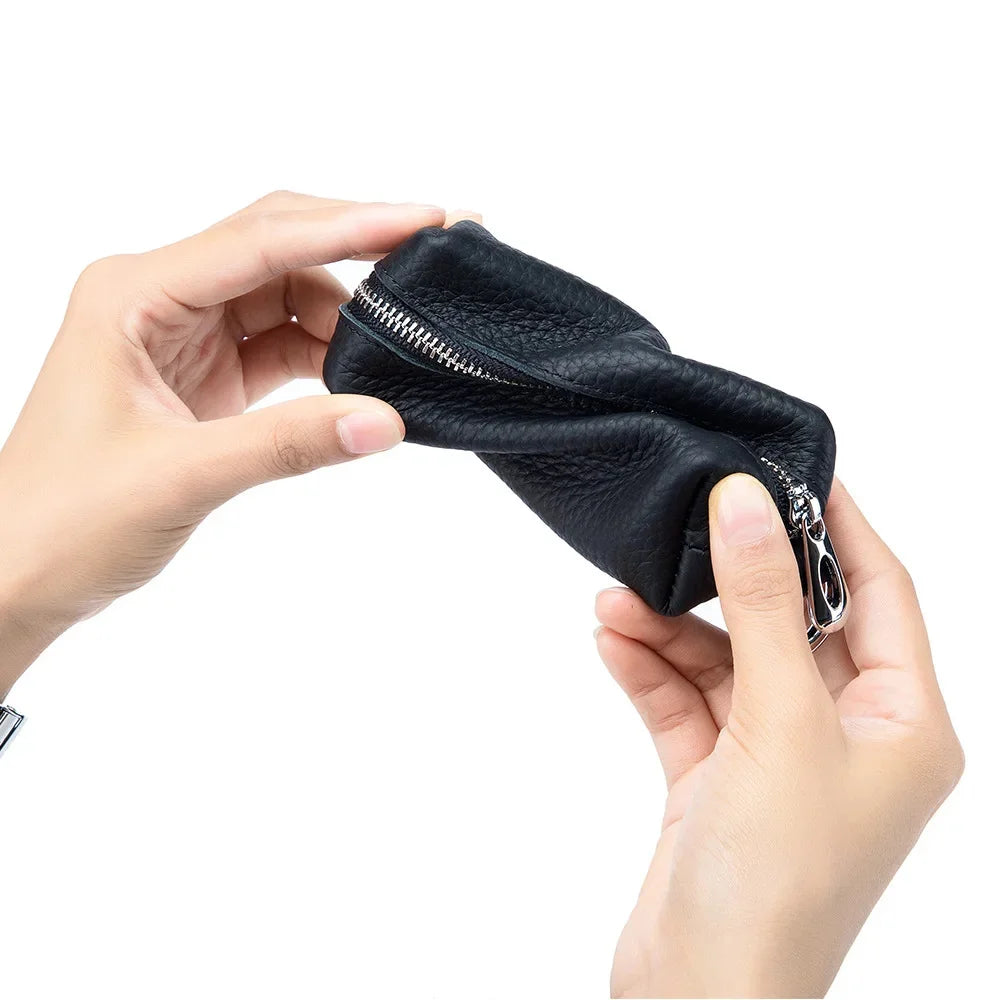 Portable Genuine Leather Car Holder Purse Zipper Coin Organizer chain Wallet Women Men Mini Key Cover Change Bag