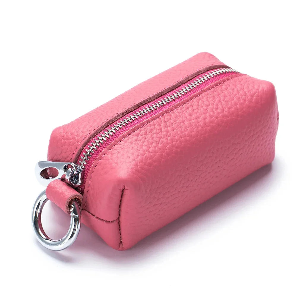 Portable Genuine Leather Car Holder Purse Zipper Coin Organizer chain Wallet Women Men Mini Key Cover Change Bag