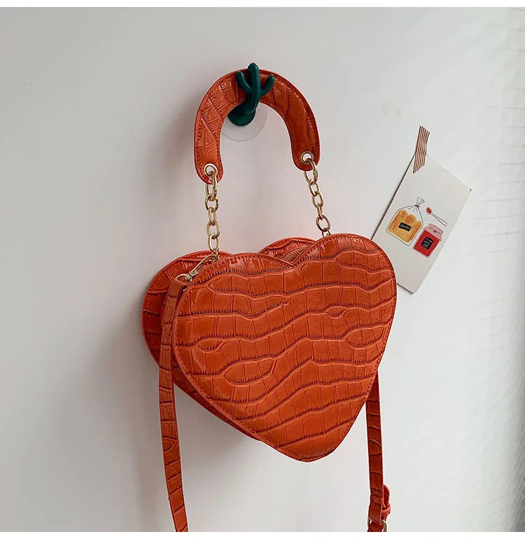 Portable Heart Shaped Women Bags 2024 New Fashion Chain Stone Pattern Crossbody Shoulder Bag Casual All-match Handbags Purses