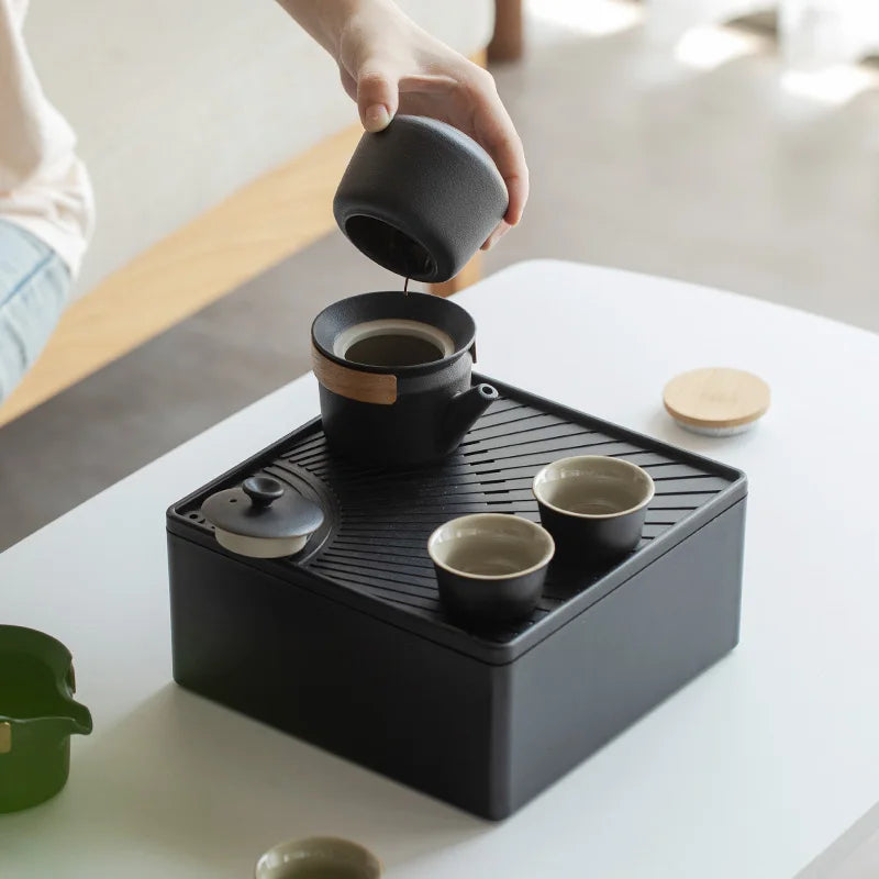 Portable Tea Set Quick Cup Outdoor Teapot Travel Small Set of Storage Box Teaware Kitchen Dining Bar Home Garden