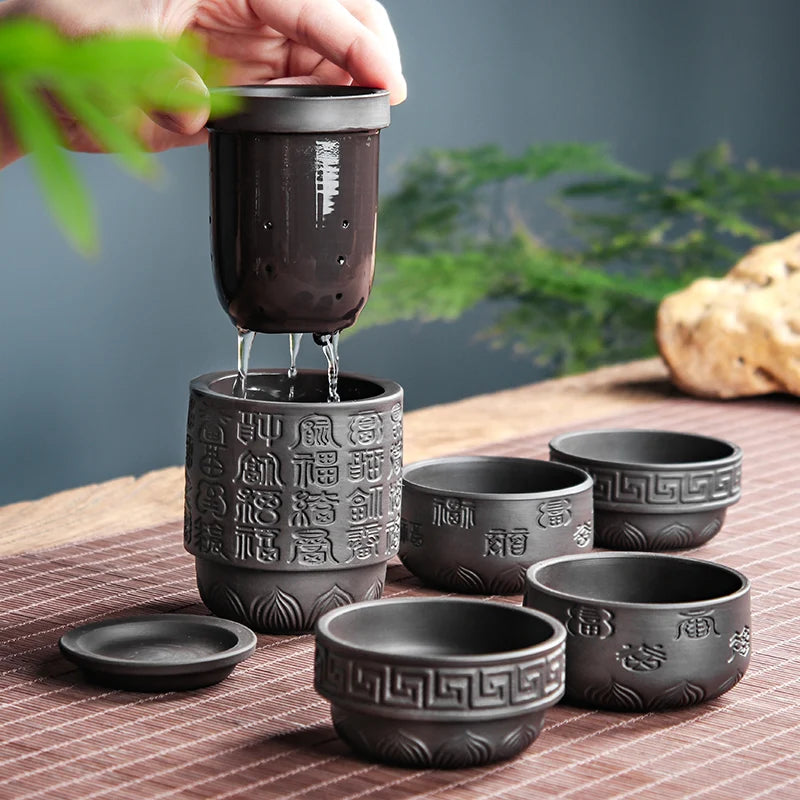 Portable Teapot Set with Portable Bag, Black Pottery Fast Cup, 1 Pot 4 Cups, Travel Tea Set with Outdoor Portable Bag