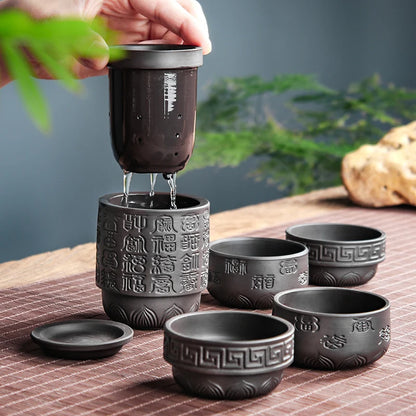 Portable Teapot Set with Portable Bag, Black Pottery Fast Cup, 1 Pot 4 Cups, Travel Tea Set with Outdoor Portable Bag