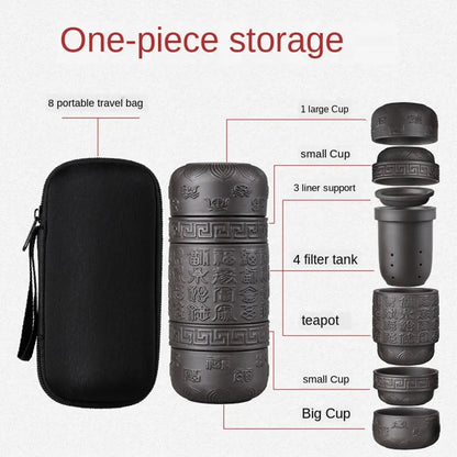 Portable Teapot Set with Portable Bag, Black Pottery Fast Cup, 1 Pot 4 Cups, Travel Tea Set with Outdoor Portable Bag
