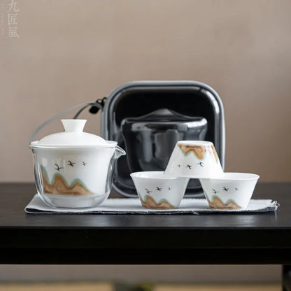 Portable Teapot with Case Large Ceramic tea Cups and Infuser Traditional Chinese Gongfu tea set for Office Travel Hotel Outdoor
