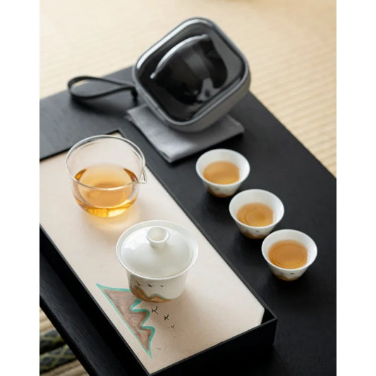 Portable Teapot with Case Large Ceramic tea Cups and Infuser Traditional Chinese Gongfu tea set for Office Travel Hotel Outdoor