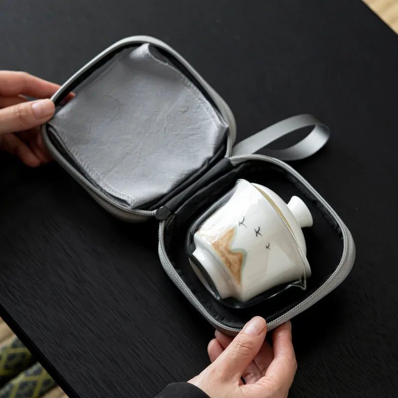 Portable Teapot with Case Large Ceramic tea Cups and Infuser Traditional Chinese Gongfu tea set for Office Travel Hotel Outdoor