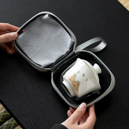 Portable Teapot with Case Large Ceramic tea Cups and Infuser Traditional Chinese Gongfu tea set for Office Travel Hotel Outdoor