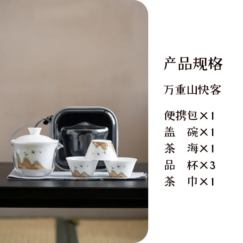 Portable Teapot with Case Large Ceramic tea Cups and Infuser Traditional Chinese Gongfu tea set for Office Travel Hotel Outdoor