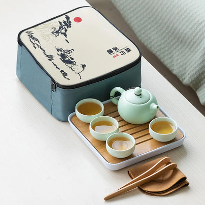 Portable Teaware Home Office Chinese Ceramic Teapot Set Travel Tea set Porcelain Teacups Teaware with Serving Tray Tea Infuser