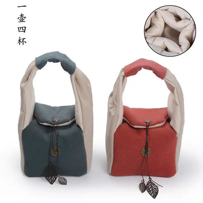 Portable Travel Tea Set Bag, Linen Storage, Teapot, Teacup, Drinkware Accessories, Cloth, Retro, 1 Pot, 4 Cups
