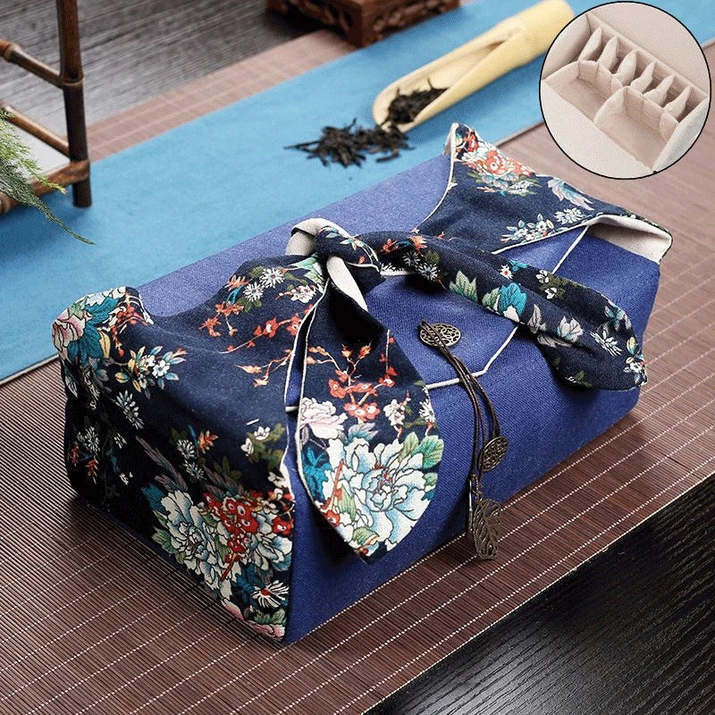 Portable Travel Tea Set Storage Bag, Two Pots, Six Cups Tea Set, Cotton and Linen Storage Bag, Travel Outdoor Handbag