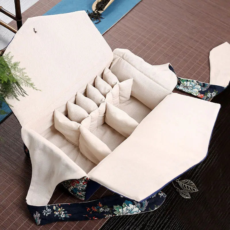 Portable Travel Tea Set Storage Bag, Two Pots, Six Cups Tea Set, Cotton and Linen Storage Bag, Travel Outdoor Handbag