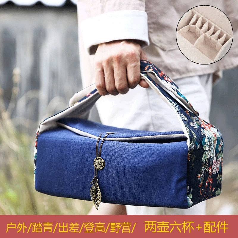 Portable Travel Tea Set Storage Bag, Two Pots, Six Cups Tea Set, Cotton and Linen Storage Bag, Travel Outdoor Handbag