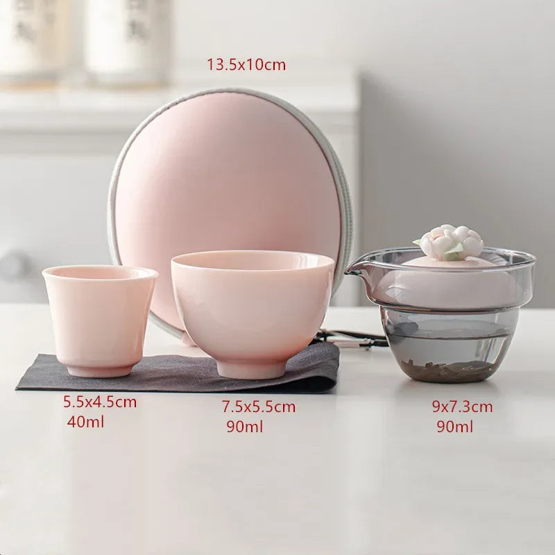 Portable Travel Tea Set Tea Pot and Cup Storage Set Pink Outdoor Teaware Suit Home Ceramic Beauty Tea Infuser Two Cups In A Pot