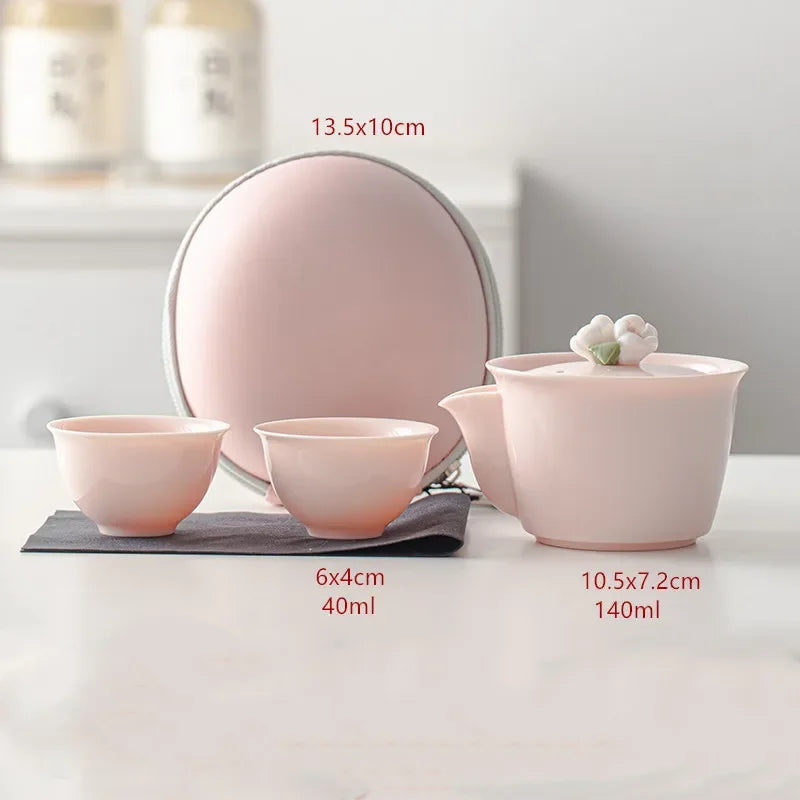 Portable Travel Tea Set Tea Pot and Cup Storage Set Pink Outdoor Teaware Suit Home Ceramic Beauty Tea Infuser Two Cups In A Pot